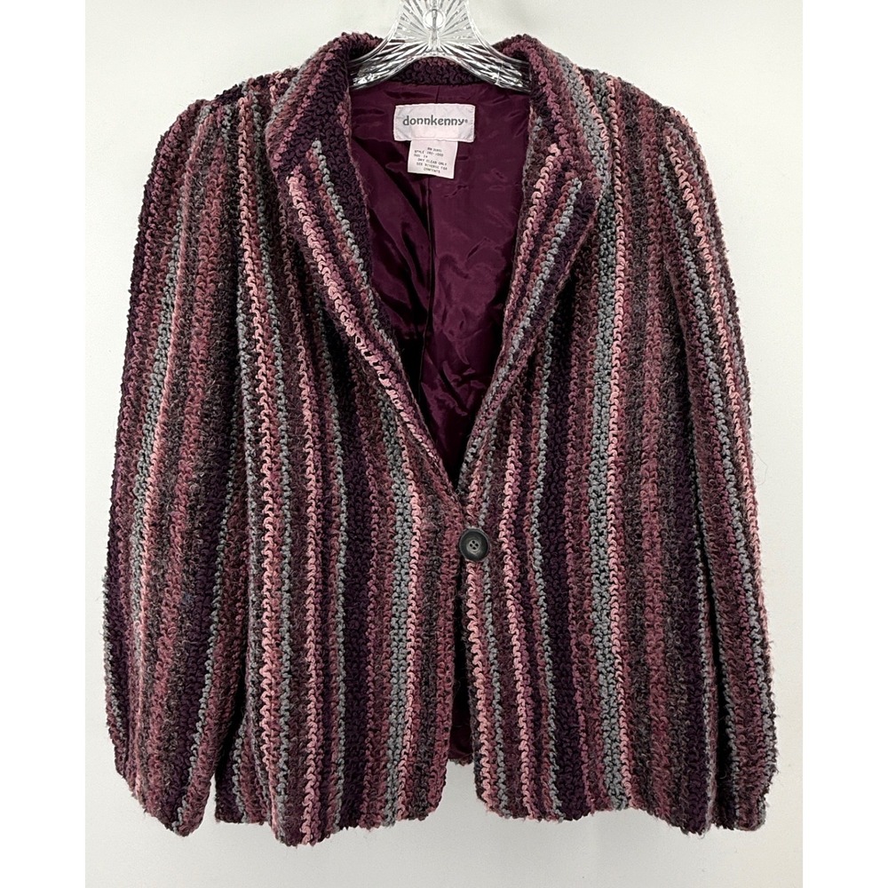 Vintage Donnkenny Women 14 Knit Blazer Jacket Mohair Lambswool Striped Plum Pink